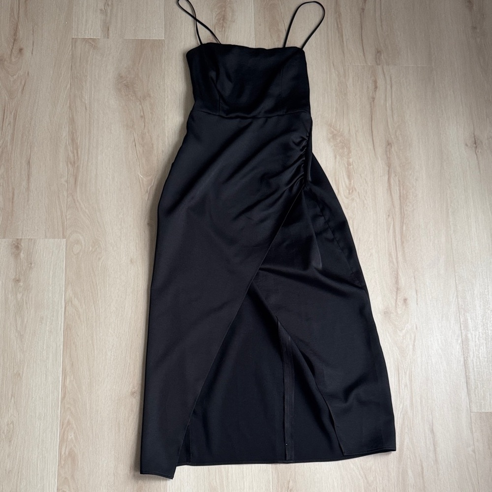 Zara Elegant Black Midi Dress with Spaghetti Straps